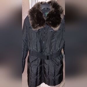 Lauren Ralph Lauren Women's Black Faux Fur-Collar Long Jacket Womens XL